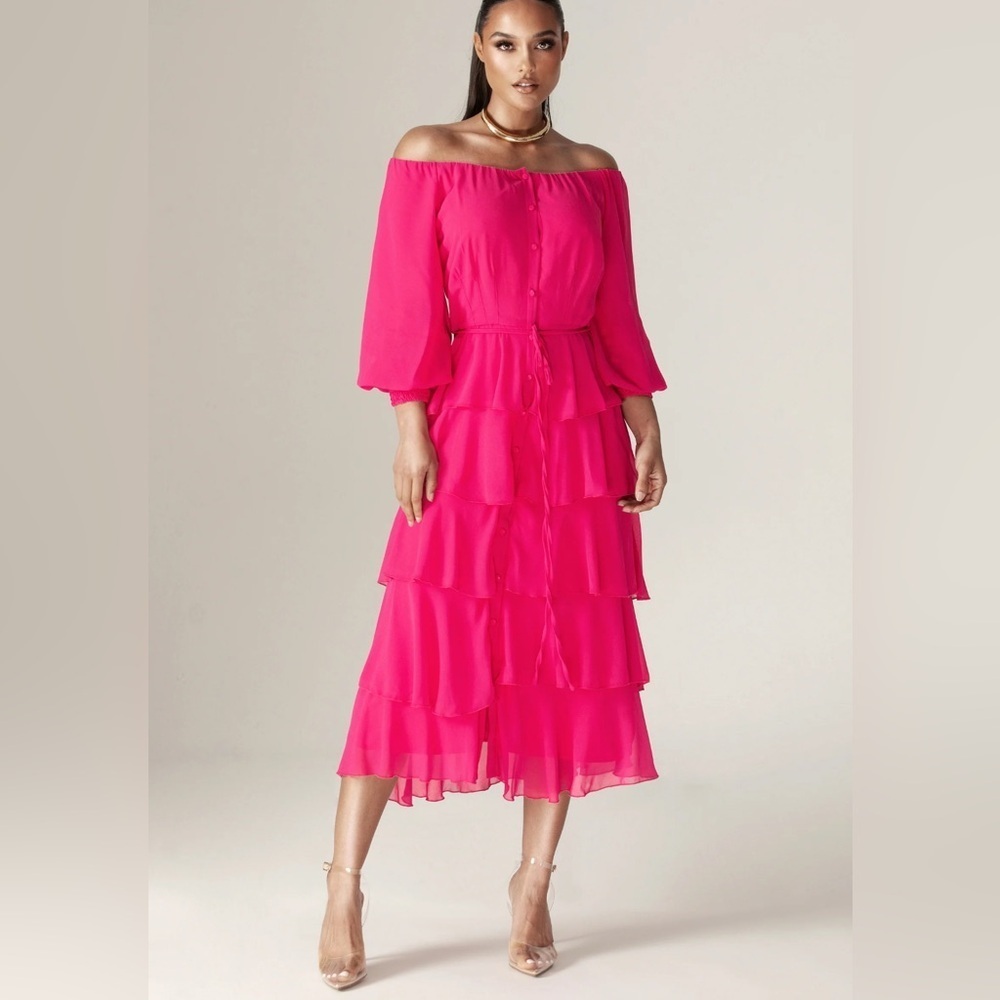 Alieva | New Dorra chiffon Hot a pink tiered ruffle midi dress Women’s size L